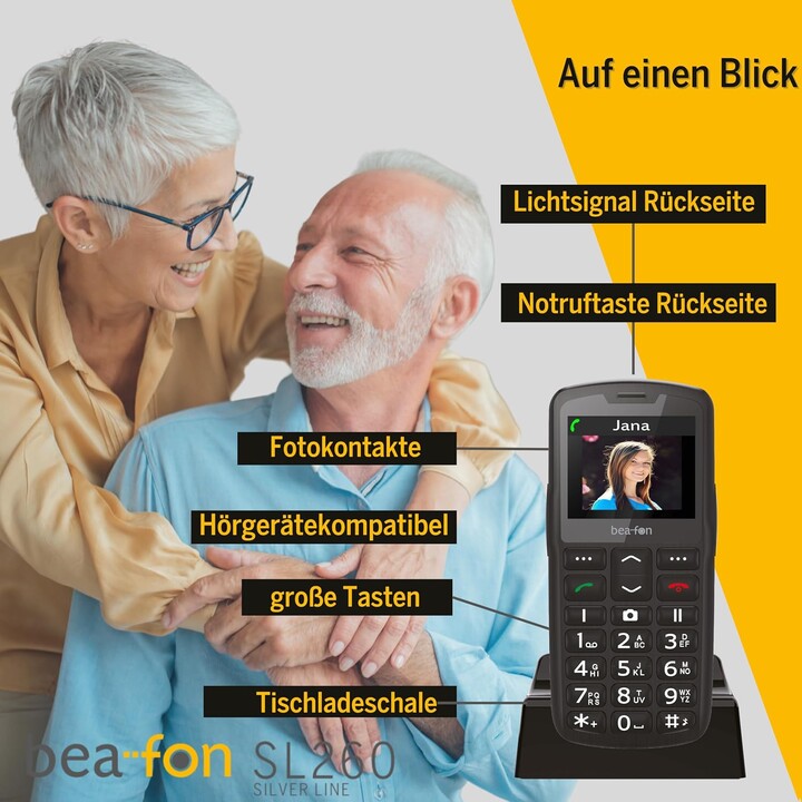 Beafon SL260 Silverline, Bartype, teléfono senior, botón de emergencia MOT SOS, 5.59 cm (2.2), negro