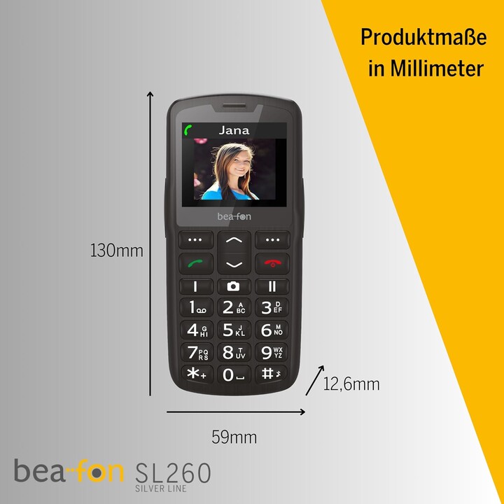Beafon SL260 Silverline, Bartype, teléfono senior, botón de emergencia MOT SOS, 5.59 cm (2.2), negro