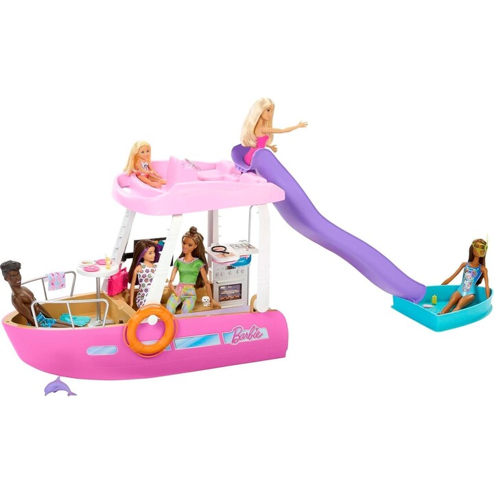 Set de Barbie Dream Boat con barco, piscina y tobogán. Incluye más de 20 piezas, como un delfín y otros accesorios.