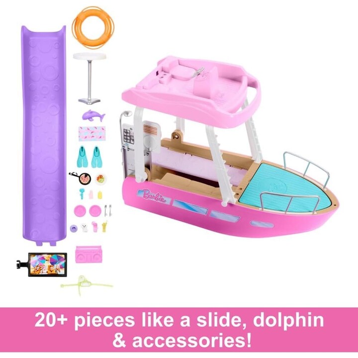 Barbie Traumboot-Set mit Boot, Pool, Rutsche, beinhaltet über 20 Teile, wie z. B. einen Delfin und weiteres Zubehör