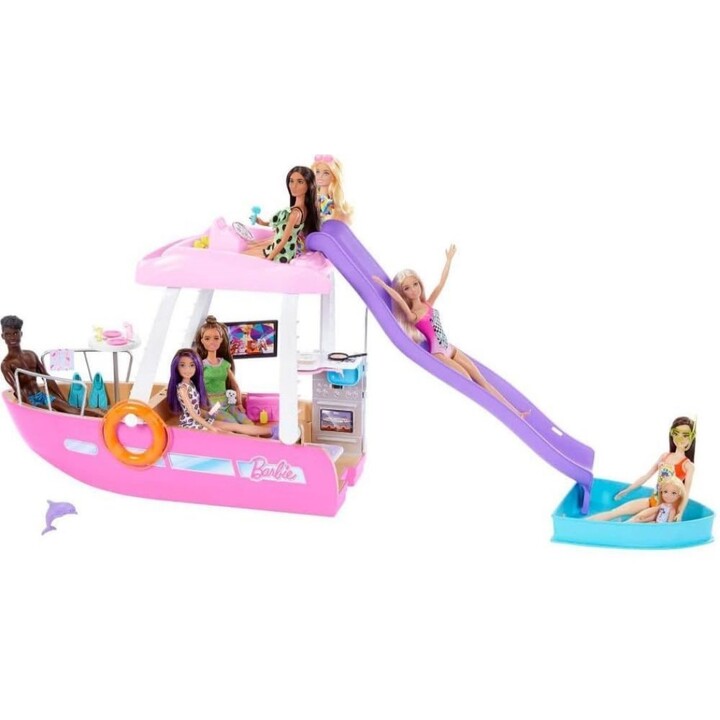 Set de Barbie Dream Boat con barco, piscina y tobogán. Incluye más de 20 piezas, como un delfín y otros accesorios.