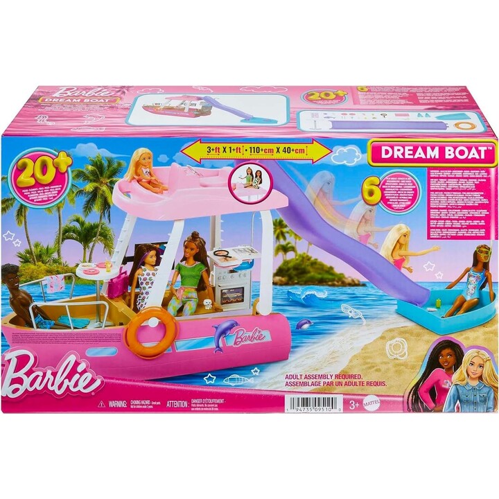 Barbie Traumboot-Set mit Boot, Pool, Rutsche, beinhaltet über 20 Teile, wie z. B. einen Delfin und weiteres Zubehör