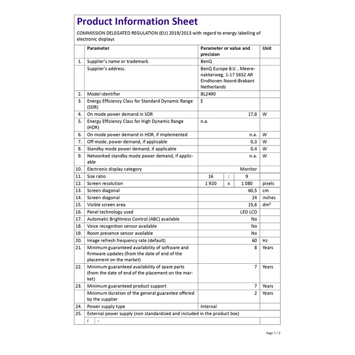 Monitor Benq BL2490, 23,8" IPS FHD, 100Hz, DP / 2x HDMI, alto-falantes, Vesa, Eyecare