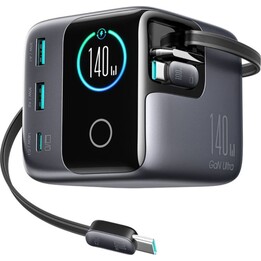 Cargador de sobremesa Joyroom Podix JR-TRD01 de 140 W con tecnología GaN, 5 puertos y dos cables USB-C retráctiles – Gris