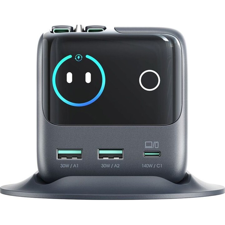 Cargador de sobremesa Joyroom Podix JR-TRD01 de 140 W con tecnología GaN, 5 puertos y dos cables USB-C retráctiles – Gris