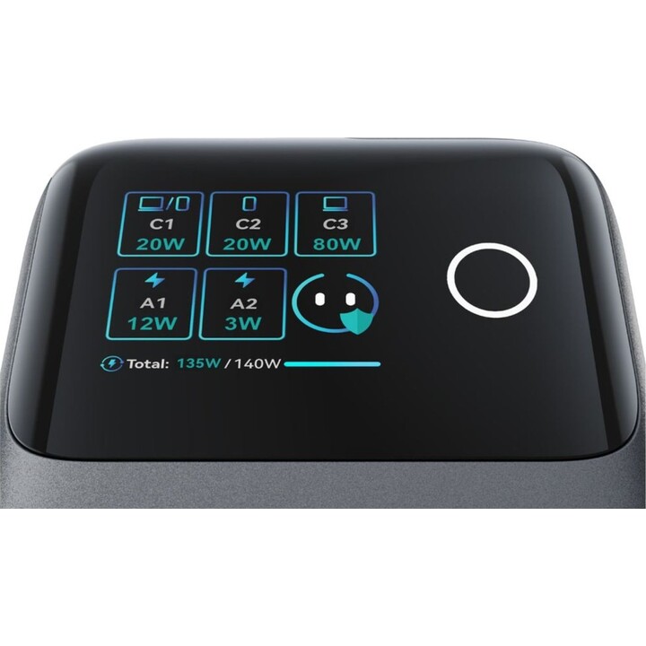 Cargador de sobremesa Joyroom Podix JR-TRD01 de 140 W con tecnología GaN, 5 puertos y dos cables USB-C retráctiles – Gris