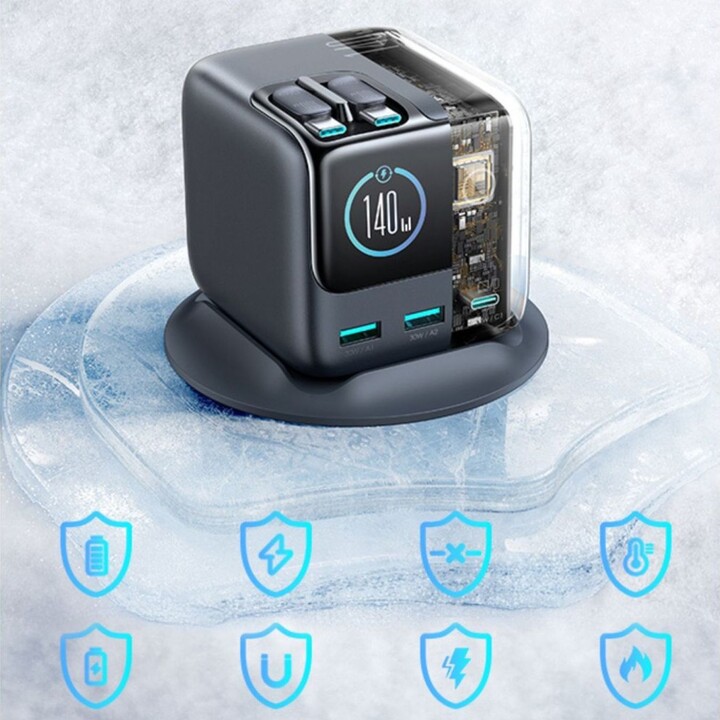 Cargador de sobremesa Joyroom Podix JR-TRD01 de 140 W con tecnología GaN, 5 puertos y dos cables USB-C retráctiles – Gris