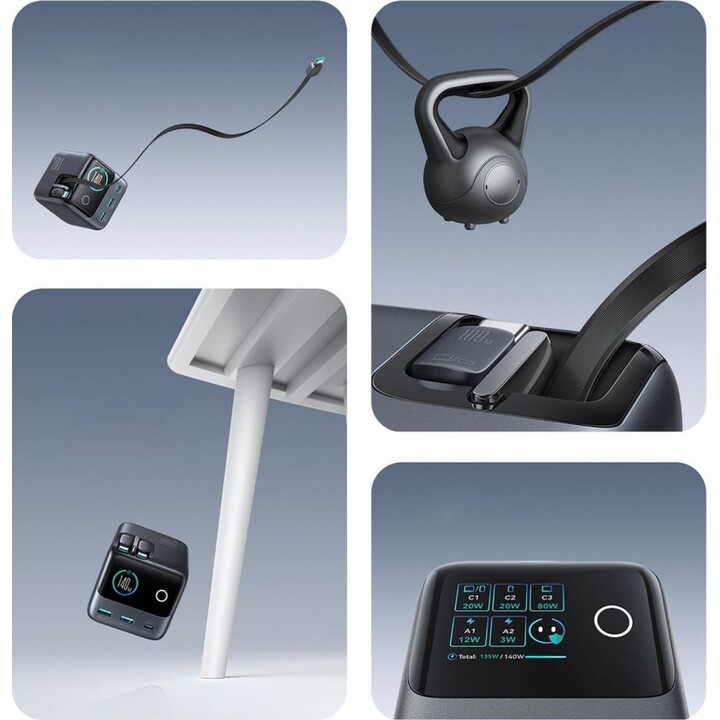 Cargador de sobremesa Joyroom Podix JR-TRD01 de 140 W con tecnología GaN, 5 puertos y dos cables USB-C retráctiles – Gris