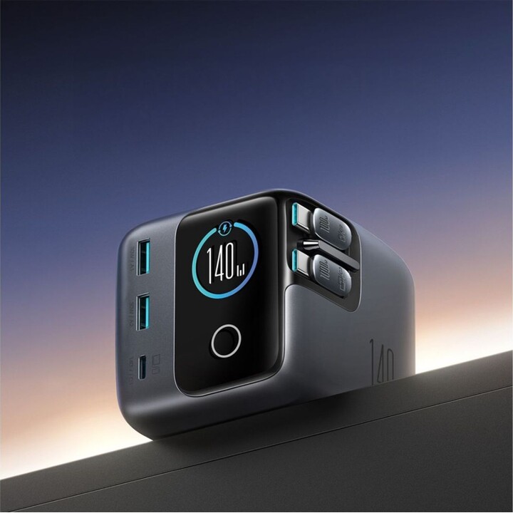 Cargador de sobremesa Joyroom Podix JR-TRD01 de 140 W con tecnología GaN, 5 puertos y dos cables USB-C retráctiles – Gris