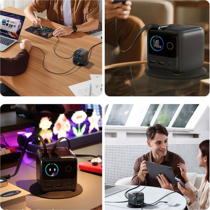 Cargador de sobremesa Joyroom Podix JR-TRD01 de 140 W con tecnología GaN, 5 puertos y dos cables USB-C retráctiles – Gris