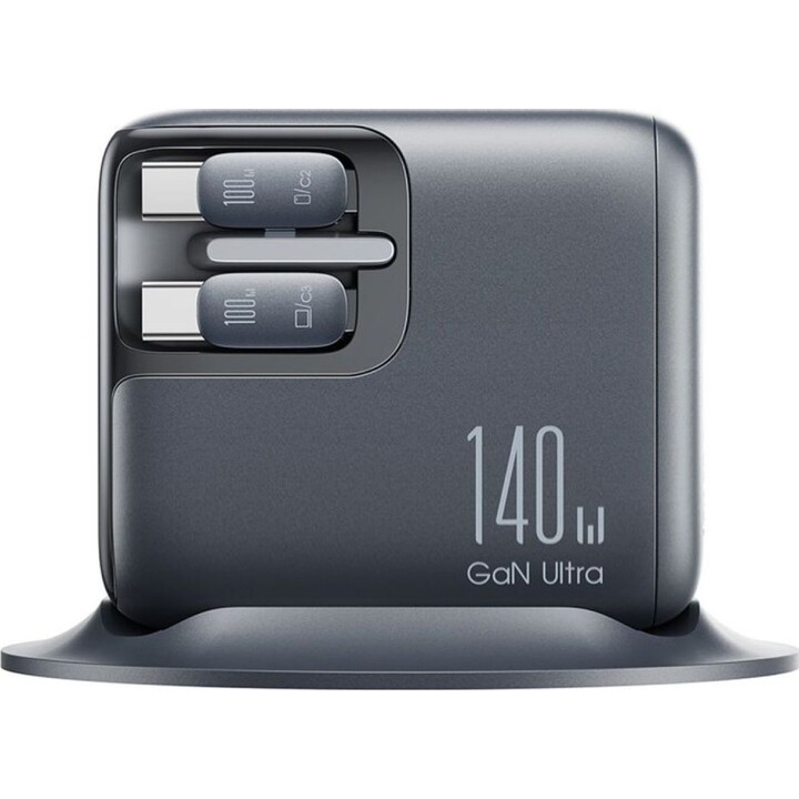 Chargeur de bureau Joyroom Podix JR-TRD01 140 W à base de GaN, avec 5 ports et deux câbles USB-C rétractables – Gris