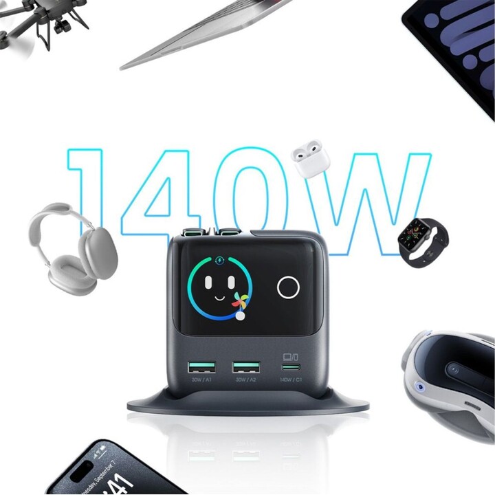 Cargador de sobremesa Joyroom Podix JR-TRD01 de 140 W con tecnología GaN, 5 puertos y dos cables USB-C retráctiles – Gris
