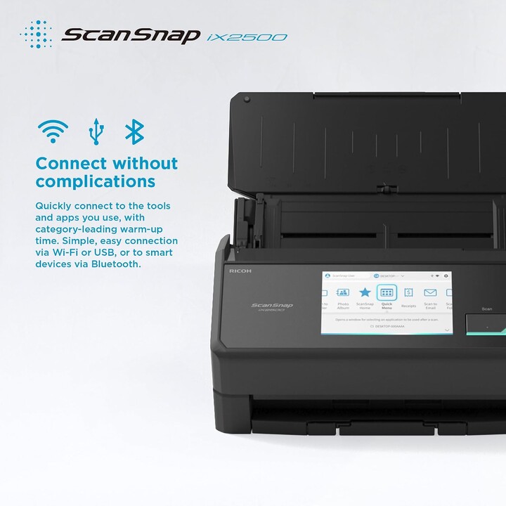 Scanner per documenti Ricoh ScanSnap iX2500 A4 fronte-retro, 45 ppm, Wi-Fi, USB, nero