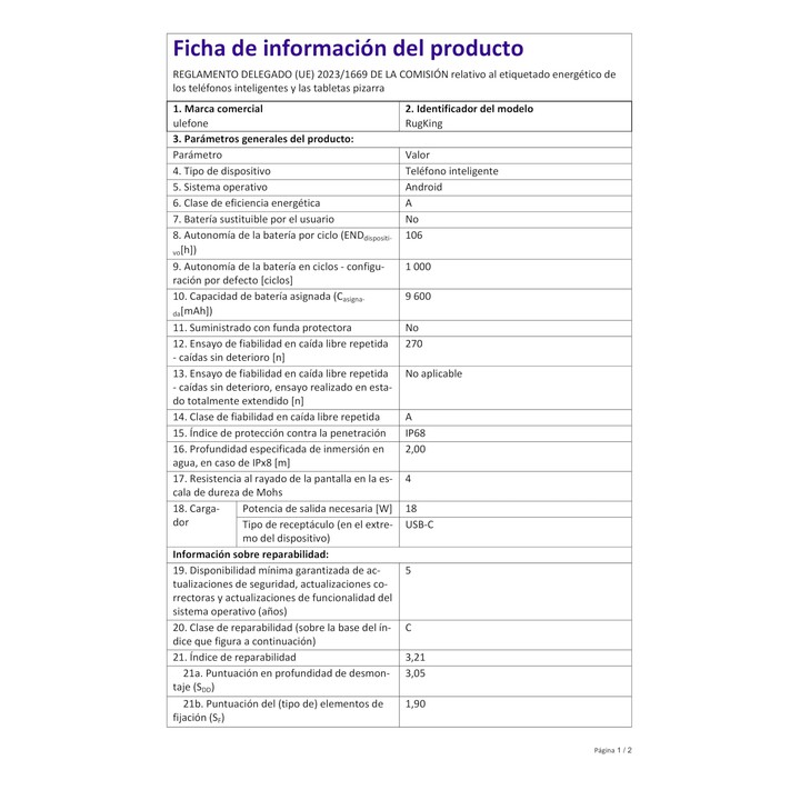 Smartphone Ulefone RUGKING 5,99, processeur Unisoc, 8 Go de RAM, 128 Go, noir #ficha