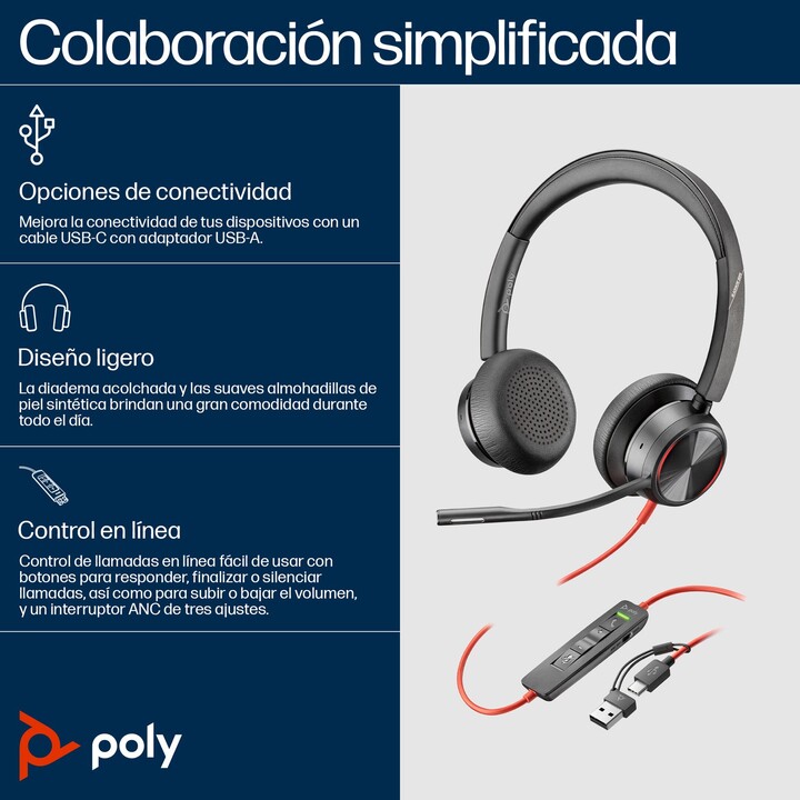 Poly Blackwire 8225 Headphones for Microsoft Teams + USB-C/A Adapter/ with Microphone/ USB Type-C/ Black