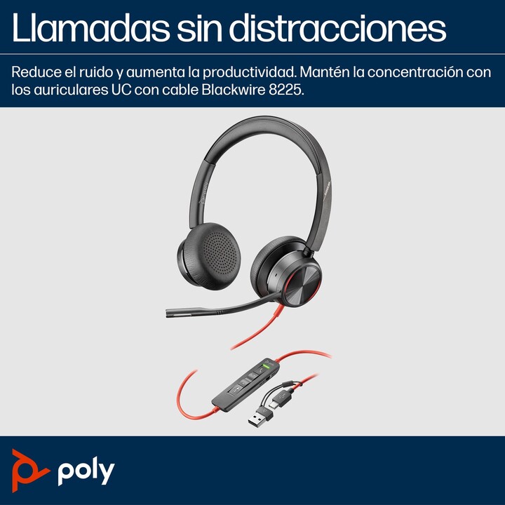 Cuffie Poly Blackwire 8225 per Microsoft Teams + adattatore USB-C/A/ con microfono/ USB Type-C/ Nero