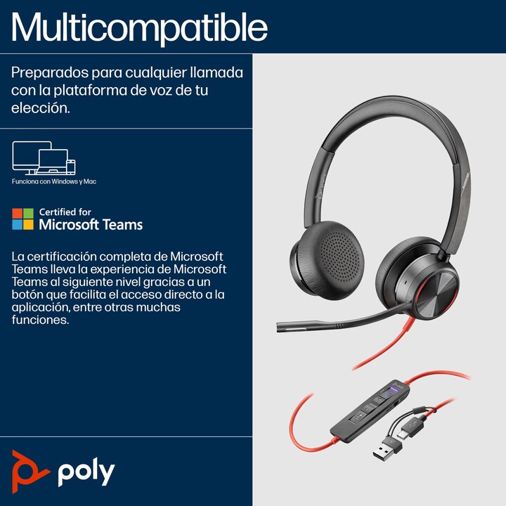 Poly Blackwire 8225 Kopfhörer für Microsoft Teams + USB-C/A-Adapter / mit Mikrofon / USB Typ-C / Schwarz