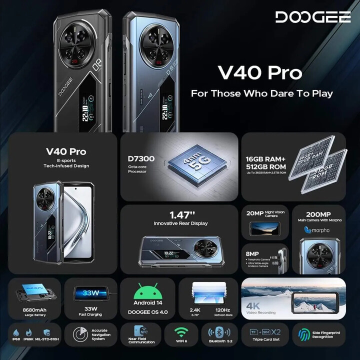 Doogee V40 Pro 5G, téléphone robuste, écran de 6,78 pouces, 16 Go de RAM, 512 Go de stockage, argent