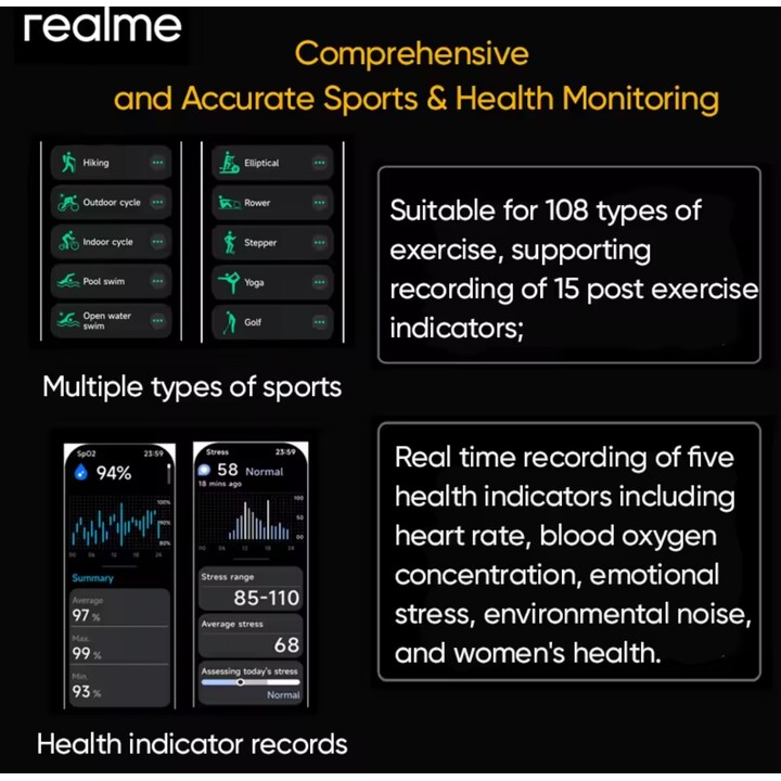 Realme Watch 5, 1,97 600 NIT AMOLED, GPS GNSS, 460MAH, Batteria da 14 giorni, 300+ supporti di temi, nero