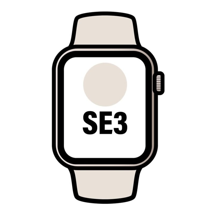 Apple Watch SE3 / GPS / Cellular / 44 mm / Gehäuse aus Aluminium in „Weiß Stern“ / Sportarmband in „Sand“ in den Größen M und L