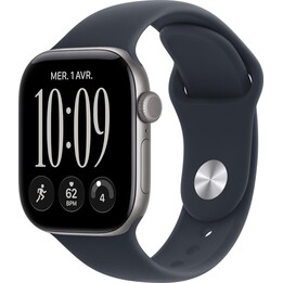 Apple Watch Série 12 com GPS, 42 mm, caixa em alumínio cinzento espacial, bracelete desportiva azul-marinho, tamanho S/M