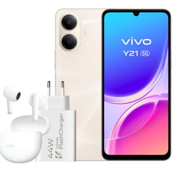 Smartphone Vivo Y21 5G, 4GB 128GB, 6.74 HD+, 5000mAh, Gold - Charger + Headphones