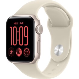 Apple Watch SE3 2026, GPS et réseau cellulaire, 40 mm, boîtier en aluminium Starlight, bracelet Sport couleur sable, taille S/M