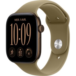 Apple Watch Série 12 com GPS e rede móvel, 46 mm, alumínio, caixa em bronze escuro, bracelete desportiva em verde-oliva, tamanho