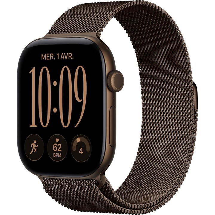Apple Watch Série 12 com GPS e rede móvel, 46 mm, alumínio, caixa em bronze escuro, bracelete Milanese Loop em bronze escuro, ta