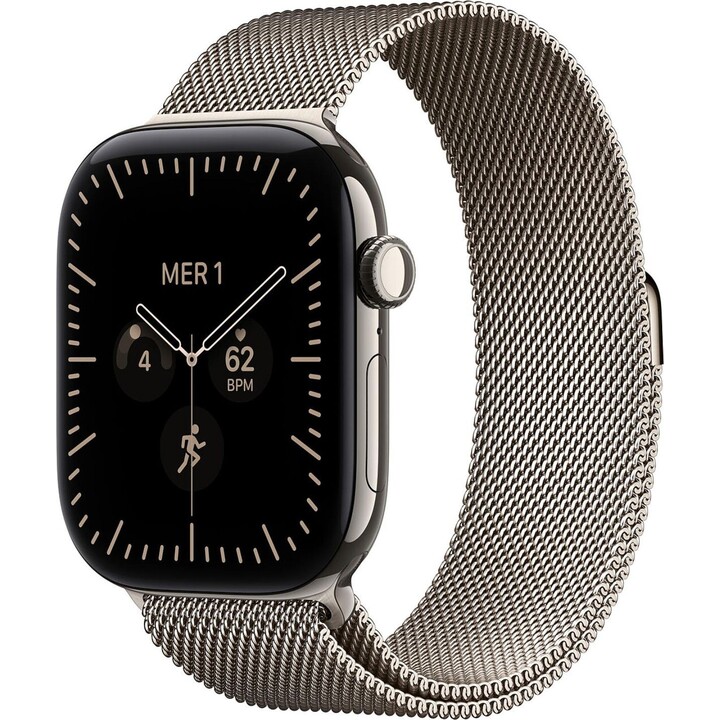 Apple Watch Series 12 GPS Cellular 46 mm, boîtier en titane naturel, bracelet Milanese Loop naturel, taille M/L