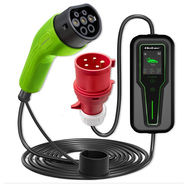 Qoltec Mobile EV Car Charger Adjustable 2in1 Type2 | 7kW | CEE 3 PIN | 230V | LCD | Portable | Wallbox | 5m