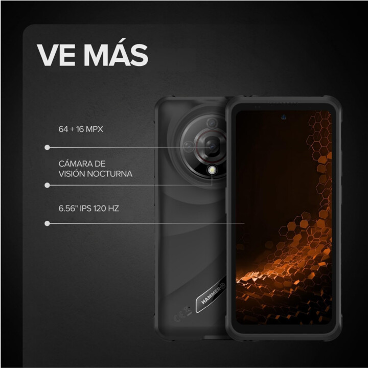 Smartphone Rugged HAMMER Iron 6 - NFC · MediaTek Dimensity 6300 · 6.56 IPS · 6GB · 128GB · Android 14 · Negro