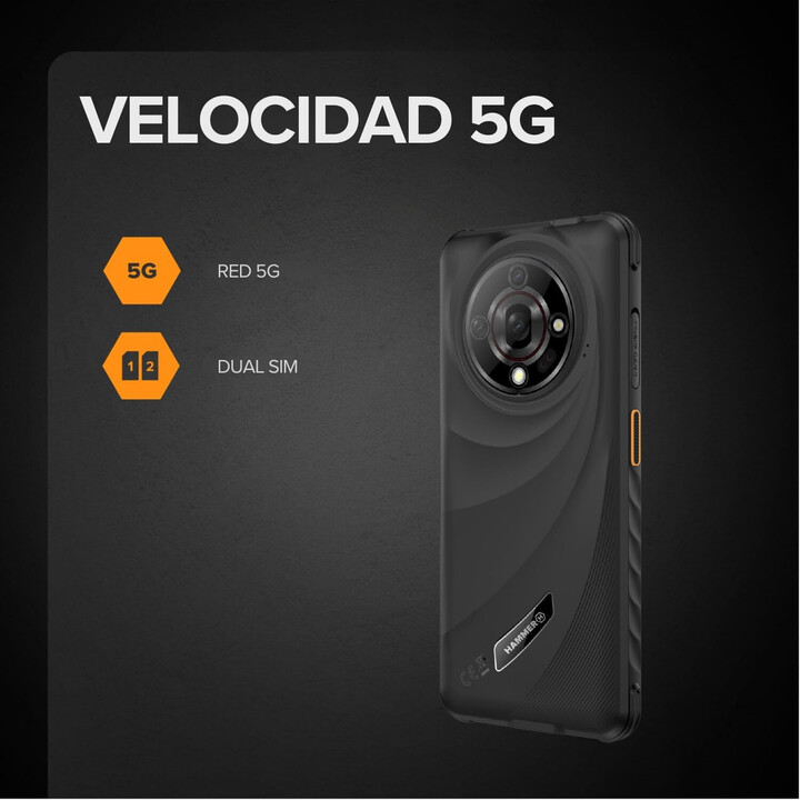 Smartphone resistente HAMMER Iron 6 - NFC · MediaTek Dimensity 6300 · 6,56 IPS · 6 GB · 128 GB · Android 14 · Preto