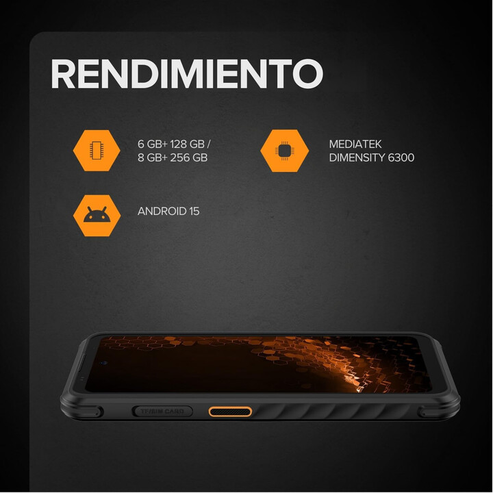 Smartphone rinforzato HAMMER Iron 6 - NFC · MediaTek Dimensity 6300 · 6,56 IPS · 6 GB · 128 GB · Android 14 · Nero
