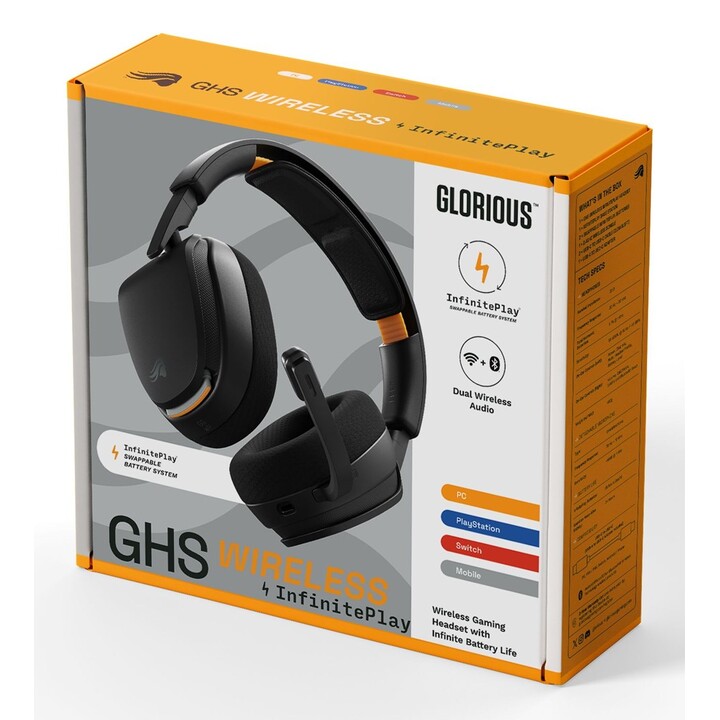 Glorious Gaming GHS Wireless InfinitePlay : casque de jeu sans fil à arceau, Bluetooth, avec socle de recharge, noir