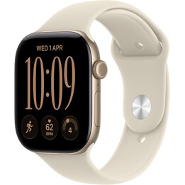 Apple Watch Series 12 GPS 46 mm, Aluminiumgehäuse in Hellgold, Sportarmband in Sand, Größe S/M