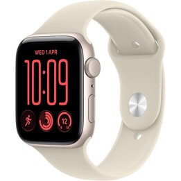 Apple Watch SE3 2026 GPS 44 mm Aluminiumgehäuse in „Starlight“ mit Sportarmband in Sand, Größe M/L