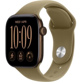 Apple Watch Série 12 com GPS e rede móvel, 42 mm, caixa em alumínio cor de bronze escuro, bracelete desportiva cor de azeitona, 