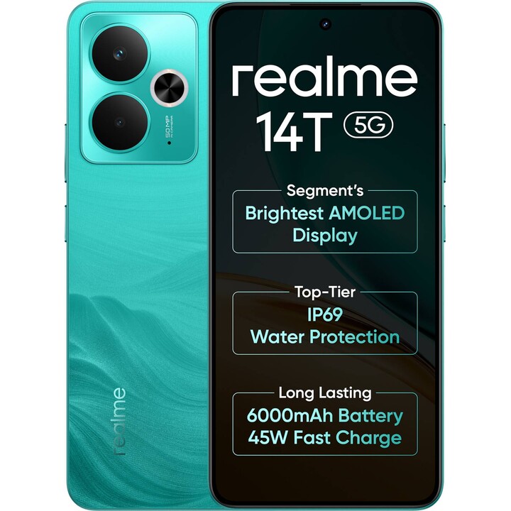 Realme 14T 5G, 8+256 GB, Bateria de 5260mAh, Dimensidade 6300, IP69, 50MP, tela AMOLED 120Hz, verde