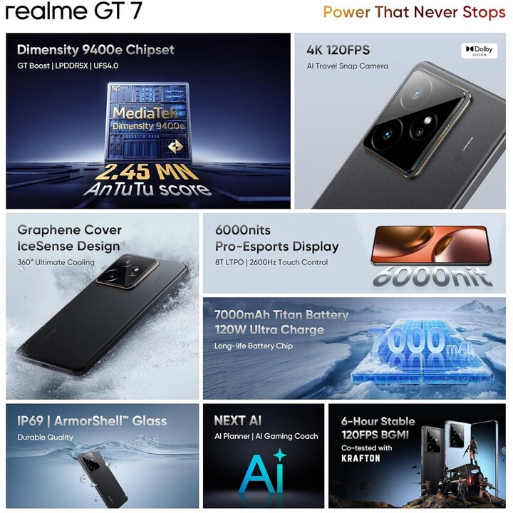 Realme GT 7 5G, 12 GB 512 GB, Dual SIM, Dimensità 9400E AMOLE 1,5K 120Hz 7000Mah Carica 120W, nero