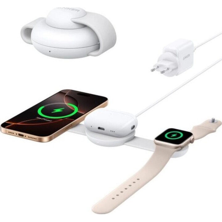 Station de charge sans fil 3-en-1 Anker MagGo, barre de charge pliable, blanc