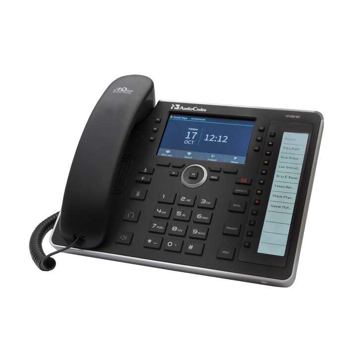 Telemóvel IP AudioCodes IP 445HD PoE GbE preto com Bluetooth integrado, Wi-Fi de banda dupla e uma fonte de alimentação externa 