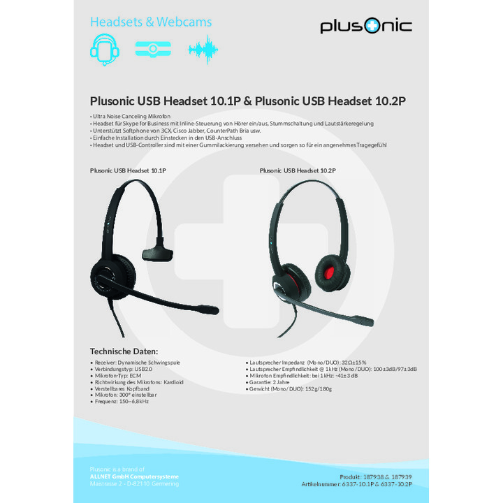 Plusonic USB Headset 10.1P, monaural, compatibile con Teams e Skype (USED-B-Ware)