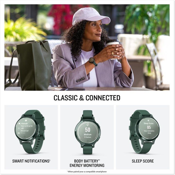 Garmin Lily 2 Smartwatch activo, GPS pequeño y elegante, incorporado, pantalla oculta, lente estampada, hasta 9 días, verde