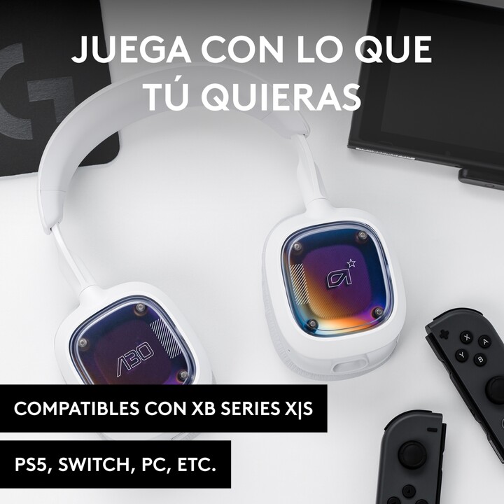 Logitech A30 Auriculares Gaming Blanco/Morado - Drivers 50 mm Neodimio, Micrófono Desmontable, 240 g
