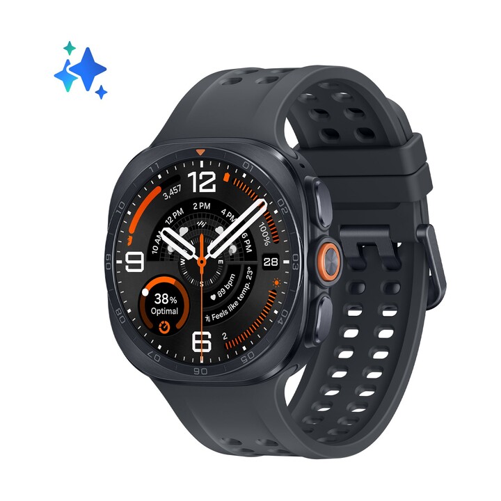 Samsung Galaxy Watch Ultra2 47 mm LTE in Titangrau (Titanium Grey) mit schwarzem Marine Band-Armband L715