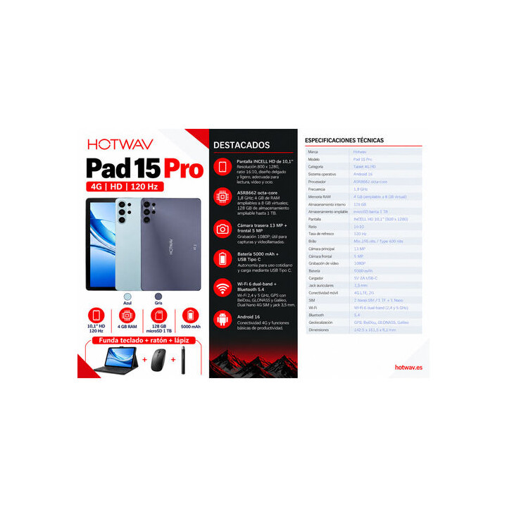TABLETTE HOTWAV PAD 15 PRO 4 Go de RAM, 128 Go de ROM, MISTY GREEN