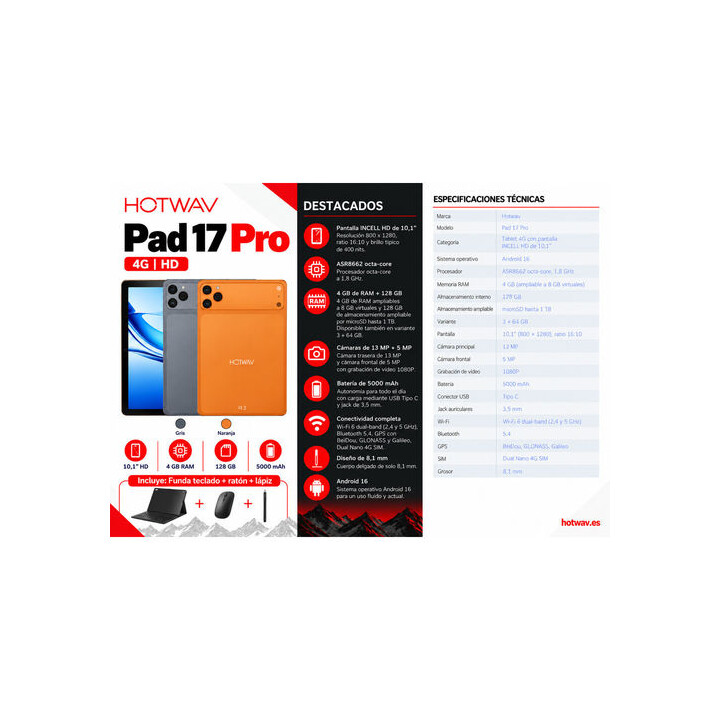 TABLET HOTWAV PAD 17 PRO 4 GB de RAM, 128 GB de ROM, VITALITY ORANGE