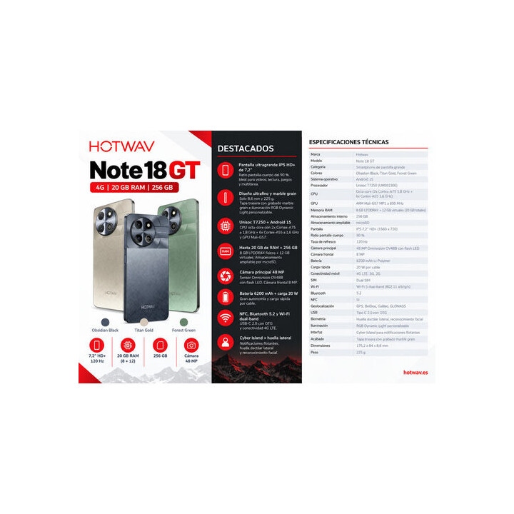 SMARTPHONE HOTWAV NOTE 18 GT 8 GB de RAM, 256 GB de ROM, PRETO OBSIDIANO