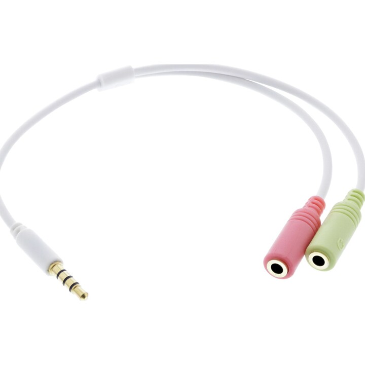 INLINE Audio Headset Adapter Cable: 3.5mm 4-pin jack plug to 2x 3.5mm jack sockets, white, 0.15m